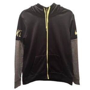 Women’s Black and Grey Nike Dri Fit Hooded Zip Up Jacket with Pockets- Small
